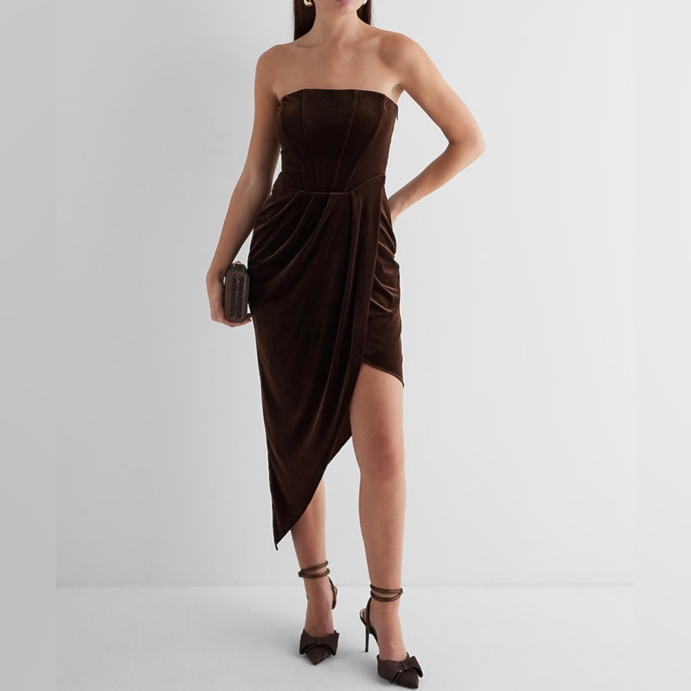Velvet strapless corset asymmetrical midi sheath dress